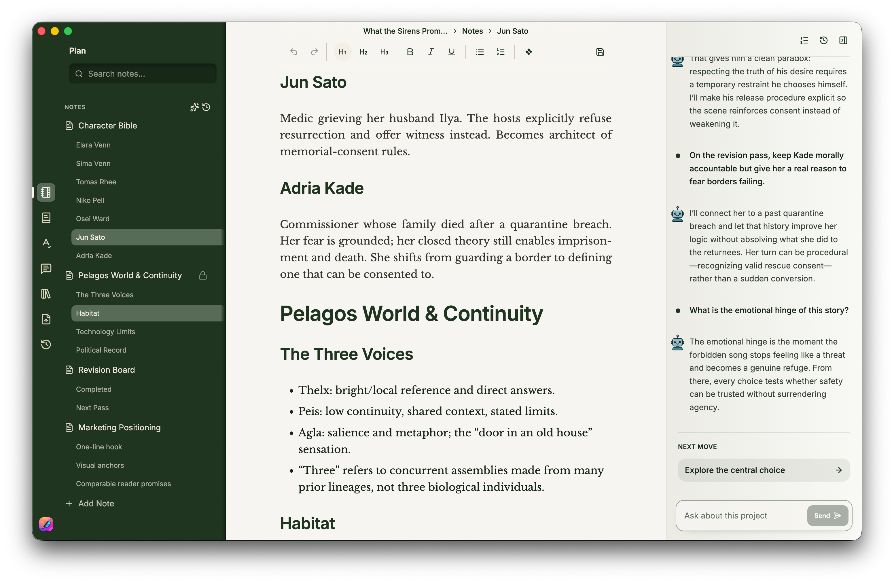 Minstrel’s desktop app with character notes, a story outline, and writing assistance side by side.